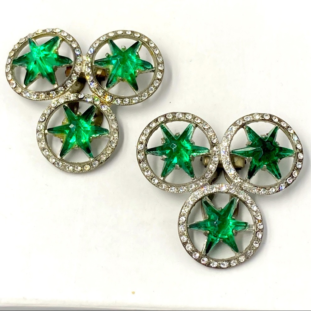 Vintage WMCA Green Star Glass Rhinestone Dress Clips
